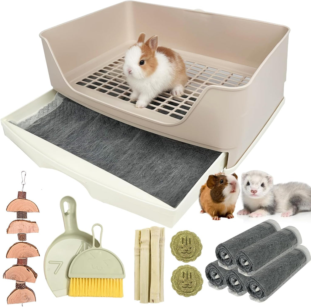 RUBYHOME Oversize Rabbit Litter Box with Drawer, Corner Toilet Box with Grate Potty Trainer, Bigger Pet Pan for Adult Guinea Pigs, Chinchilla, Ferret, Galesaur, Small Animals, 16.9 inch Long (White)