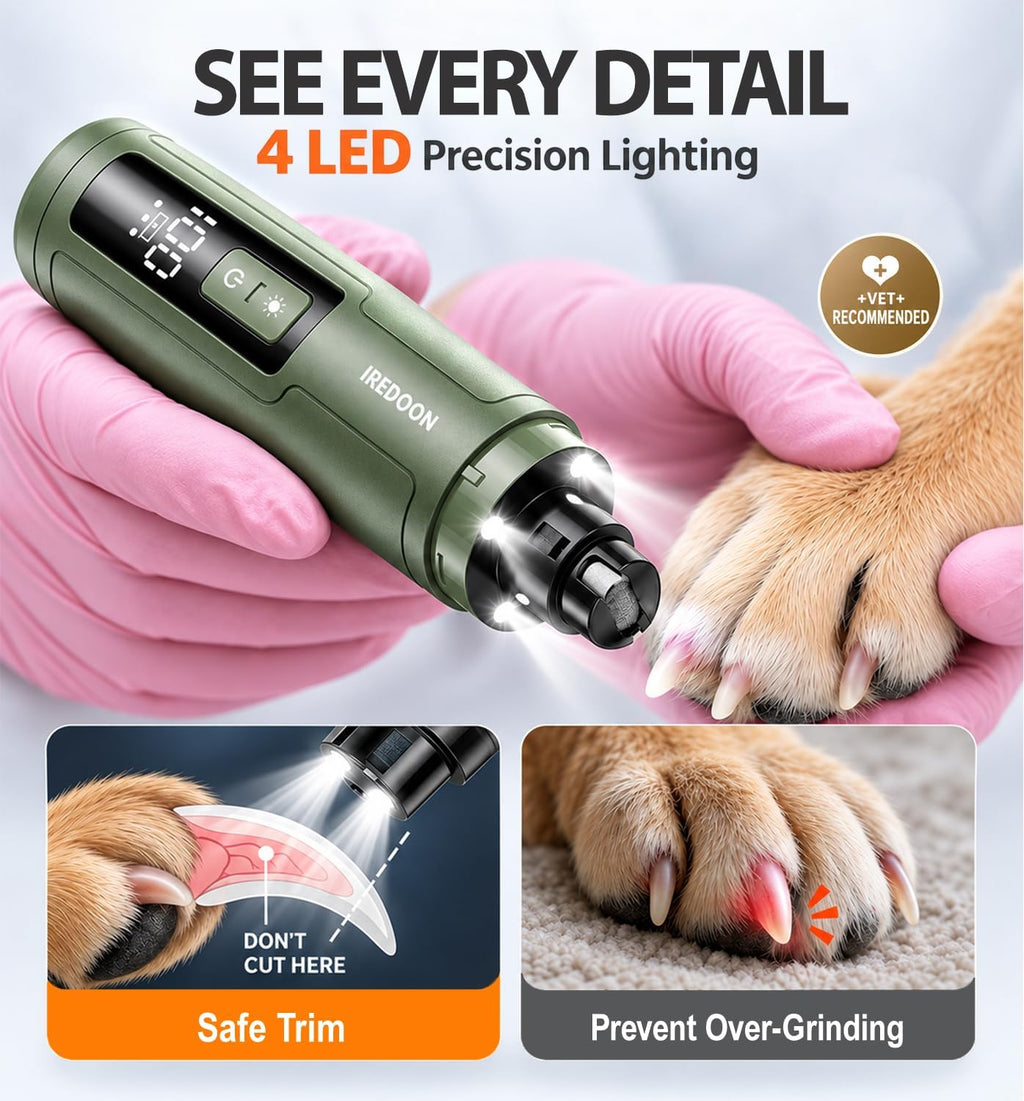 IREDOON Dog Nail Grinder with 4 LED Lights, 3 Speeds Super Quiet for Pets