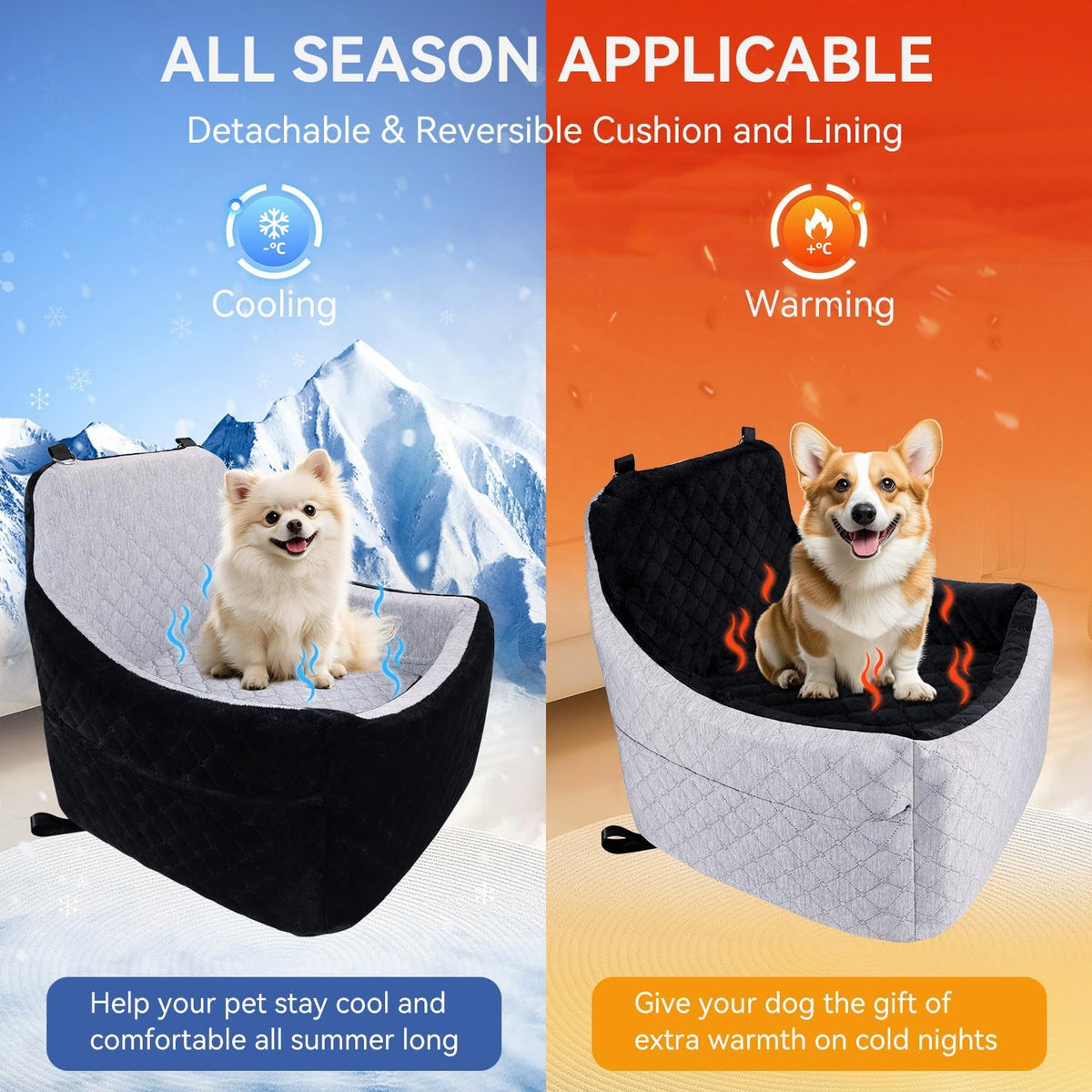 Dog Car Seat Under 30 lbs,Double-Cooling/Warm,Washable,Safety Leash
