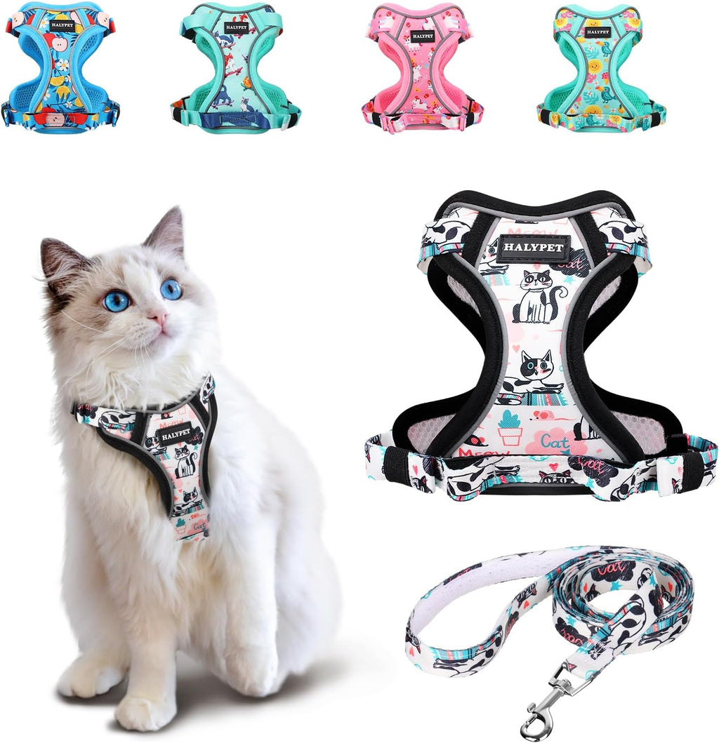 Halypet Cat Harness and Leash Set[MAX Safety 4th-Gen] Cute Escape Proof Vest Harness for Girl&Boy Cat Walking, Comfortable Adjustable Leash and Reflective Strips for Outdoor Kitten, S Inky Meowy