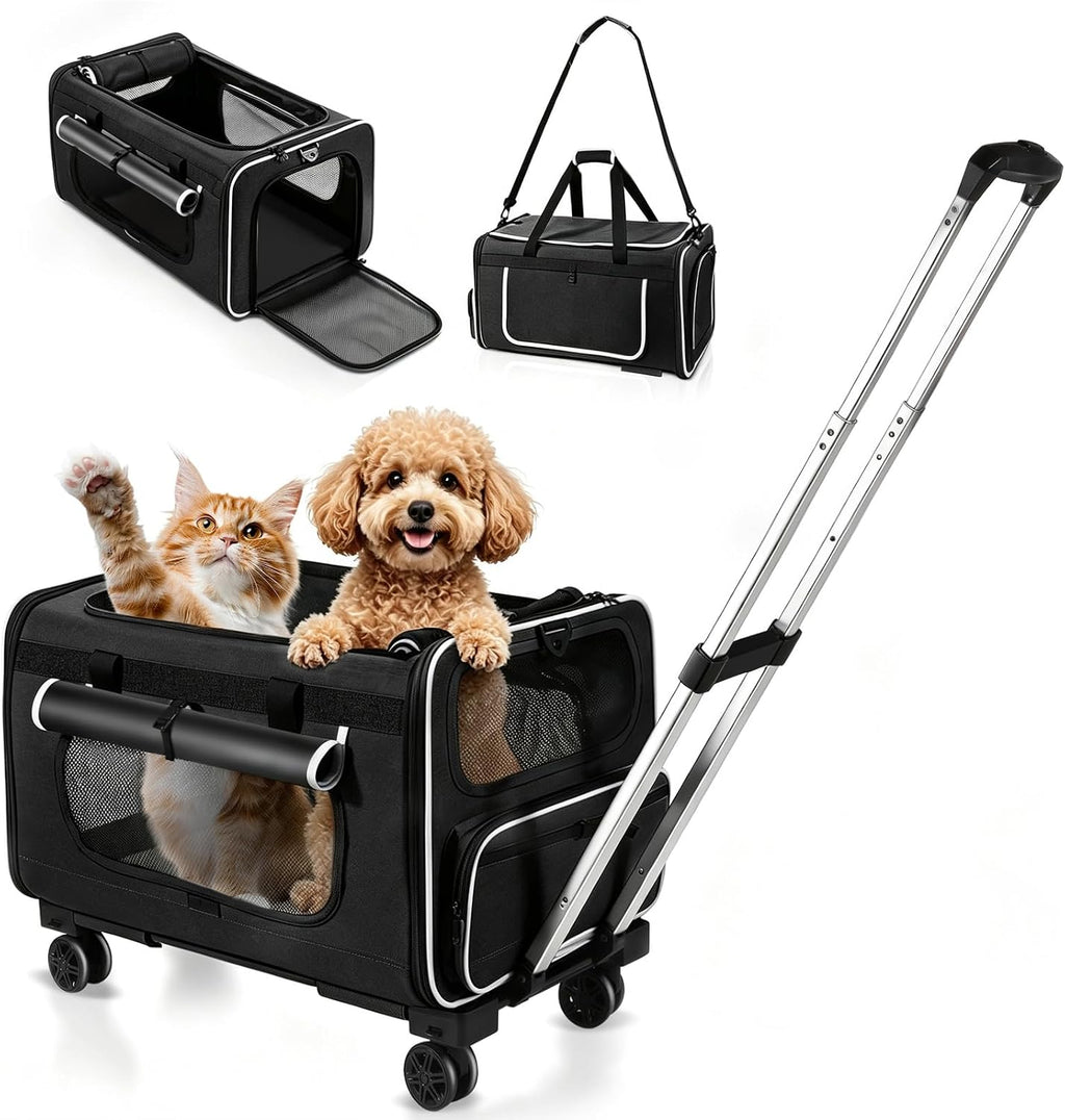 Large Pet Carrier with Detachable Wheels, 2 IN1 Foldable Soft-Sided Carriers- Designed for Dogs & Cats, Telescopic Handle, for Outdoor Car Indoor, Max. 44 LBS(Not for Airline)