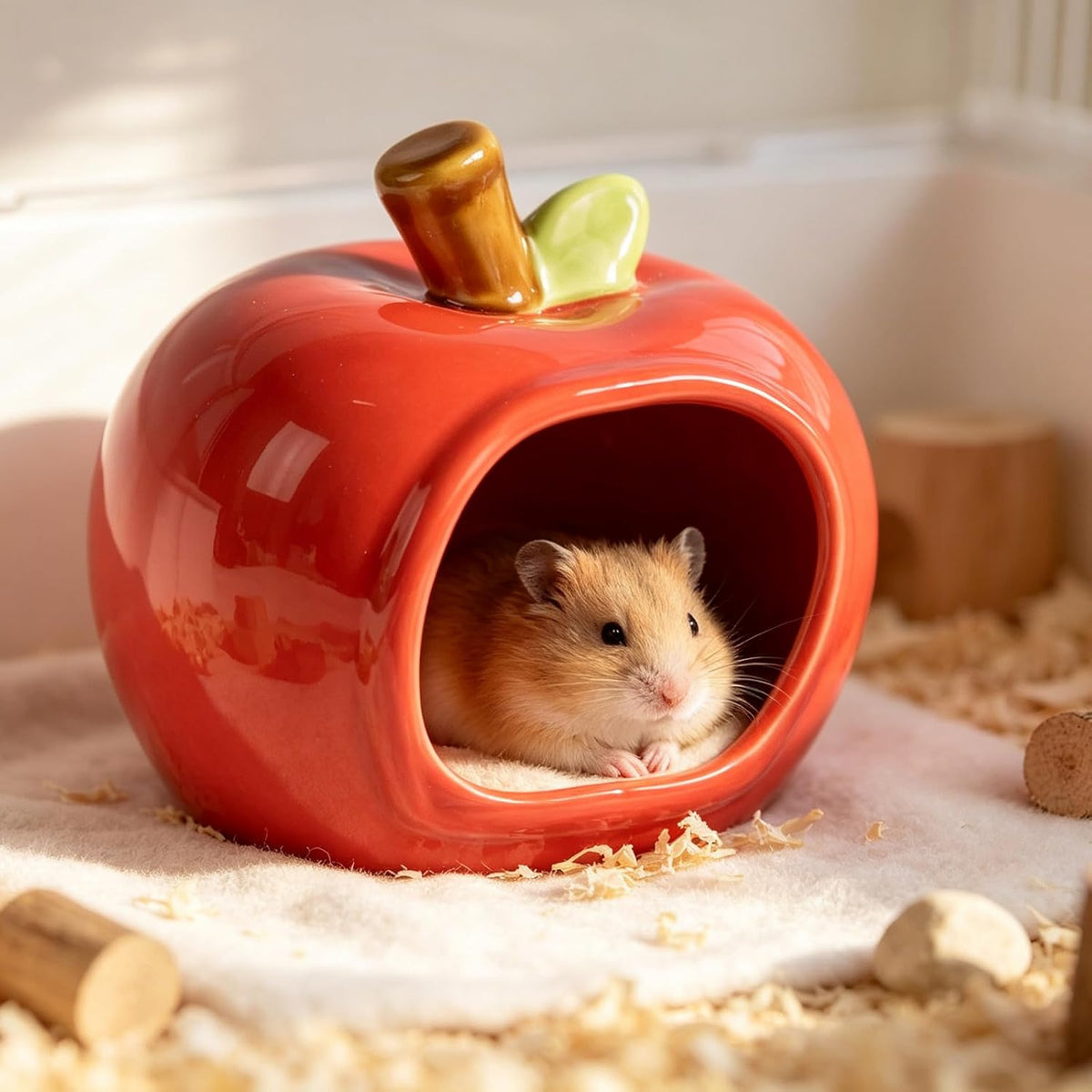Ceramic Hamster Hideout, Cozy Pet House for Gerbil & Mice, Red, Large