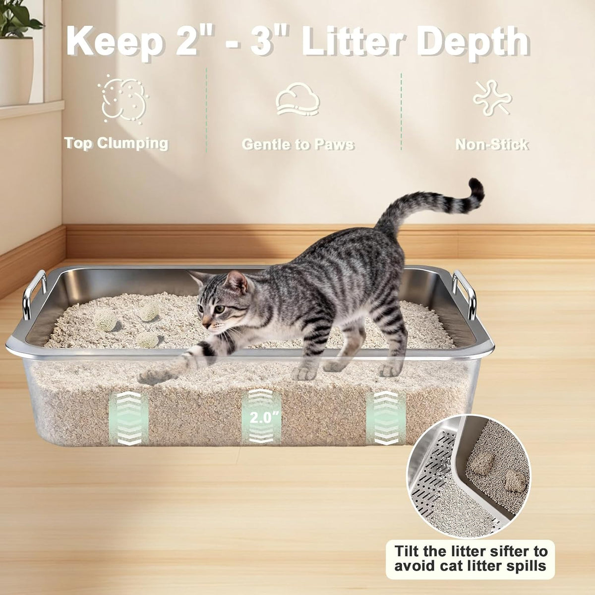 Stainless Steel Sifting Cat Litter Box for Clumping Clay Litter with High-Speed Sifting System, Large Metal Litter Box with 2 Replaceable Bottom Pans, Odor Control，Easy Clean(17.7” x 13.7” x 5.9”)