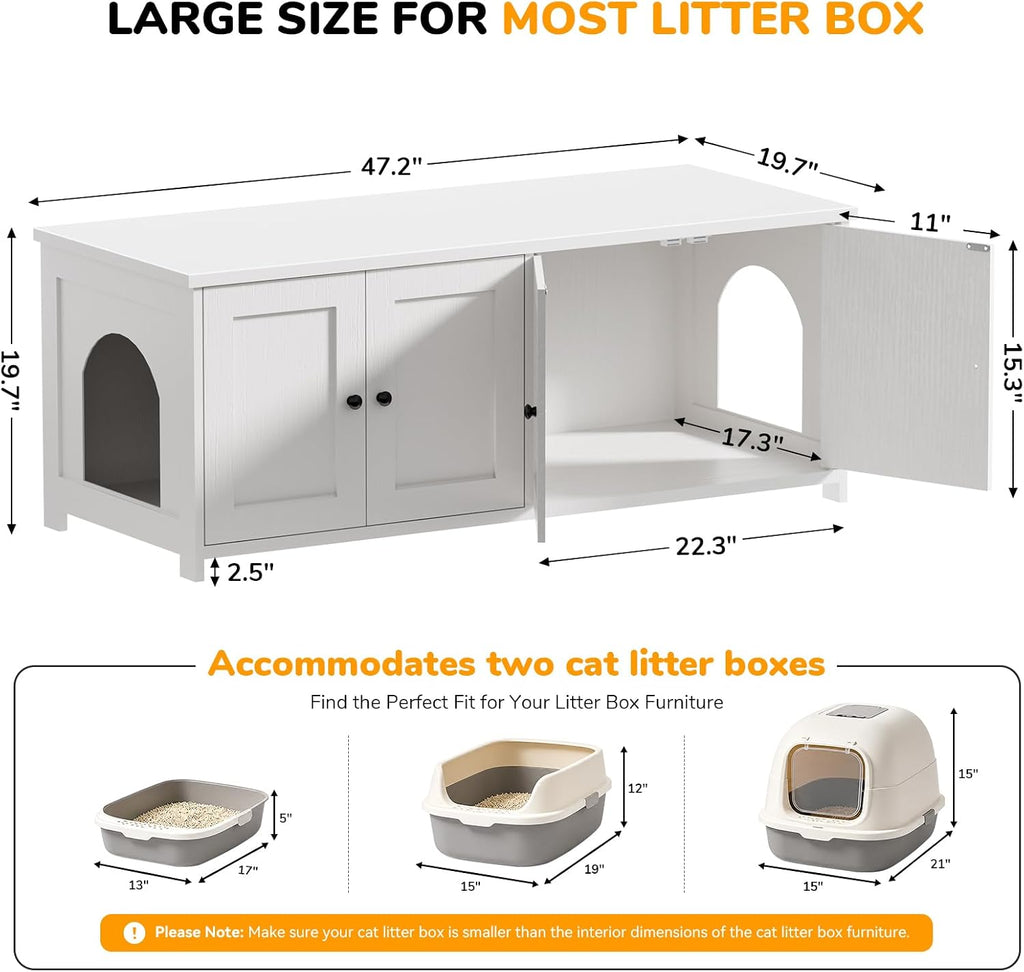 Hidden Cat Litter Box Enclosure for 2 Cats, White