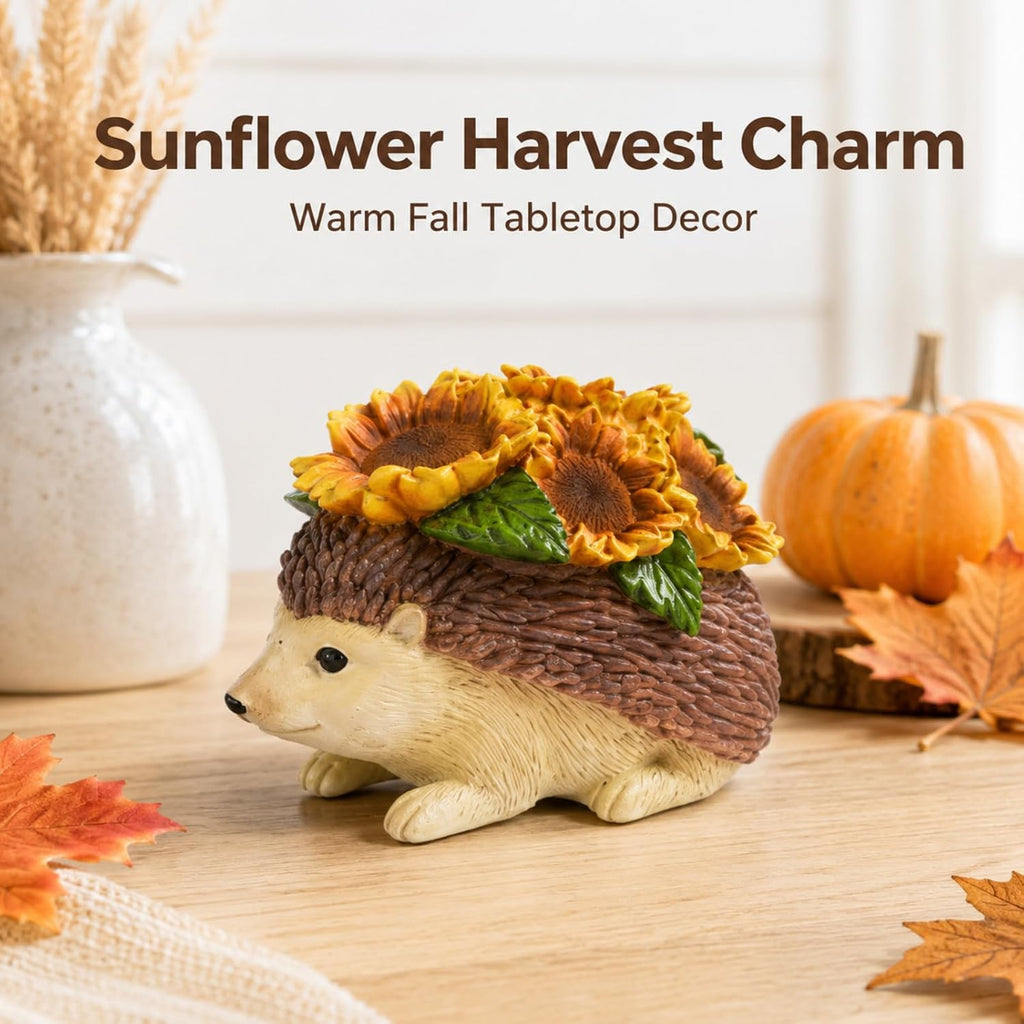 Fall Hedgehog Figurine with Sunflowers, Table, Shelf, Home Decor