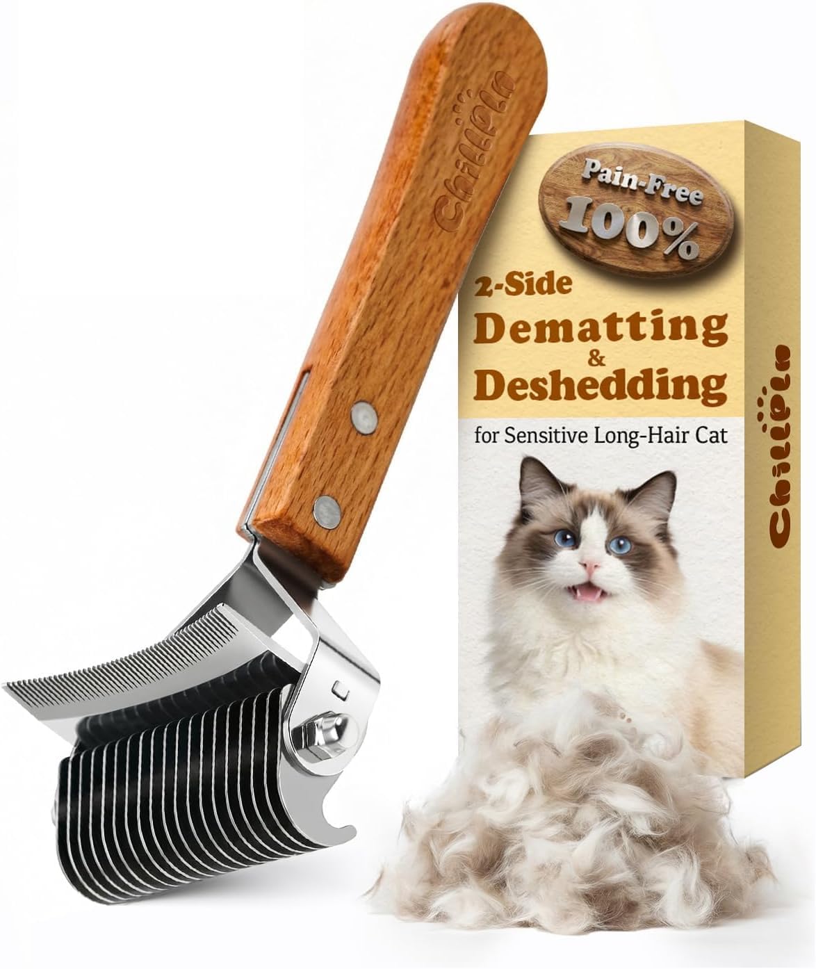 Deshedding & Dematting Brush for Cats, Cat Brush for Long Haired Cats, Professional 2-in-1 Undercoat Rake for Shedding, Efficiently Removes Loose Hair & Tangles, Safe Detangler for Matted Fur