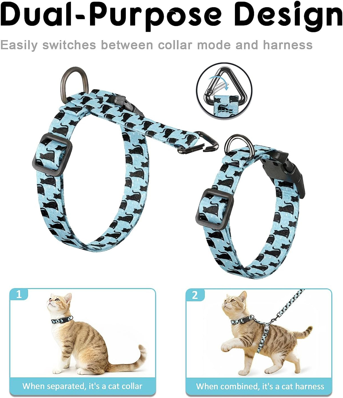 Halypet Cat Harness and Leash Set, Escape Proof 3-in-1 Adjustable Harness for Cats & Kitten, Soft Lightweight, Easy On & Control for Walking, Travel & Outdoor Use, Light Blue Kitty, Medium