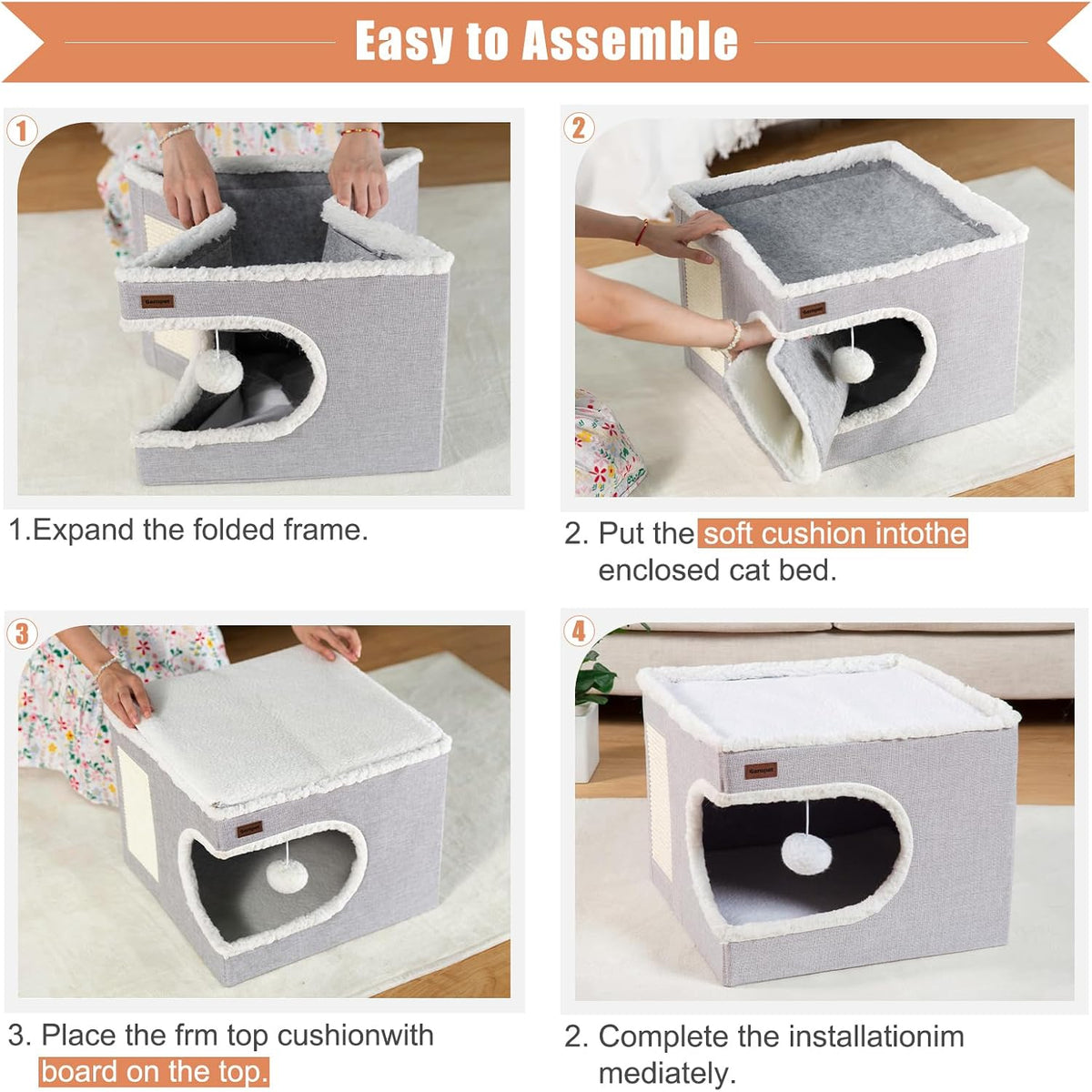 Garnpet Cat Bed for Indoor Cats Cube House, Covered Cat Cave Beds & Furniture with Scratch Pad and Hideaway Tent, Cute Modern Cat Condo for Multi Small Pet Large Kitten Kitty, Grey