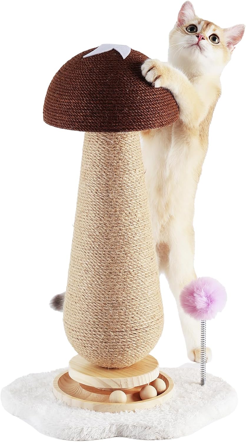 Mushroom Cat Scratching Post with Interactive Ball Track Spring Ball Cat Toys, 21.2" Cat Sisal Scratcher Tree for Indoor Cats, Red