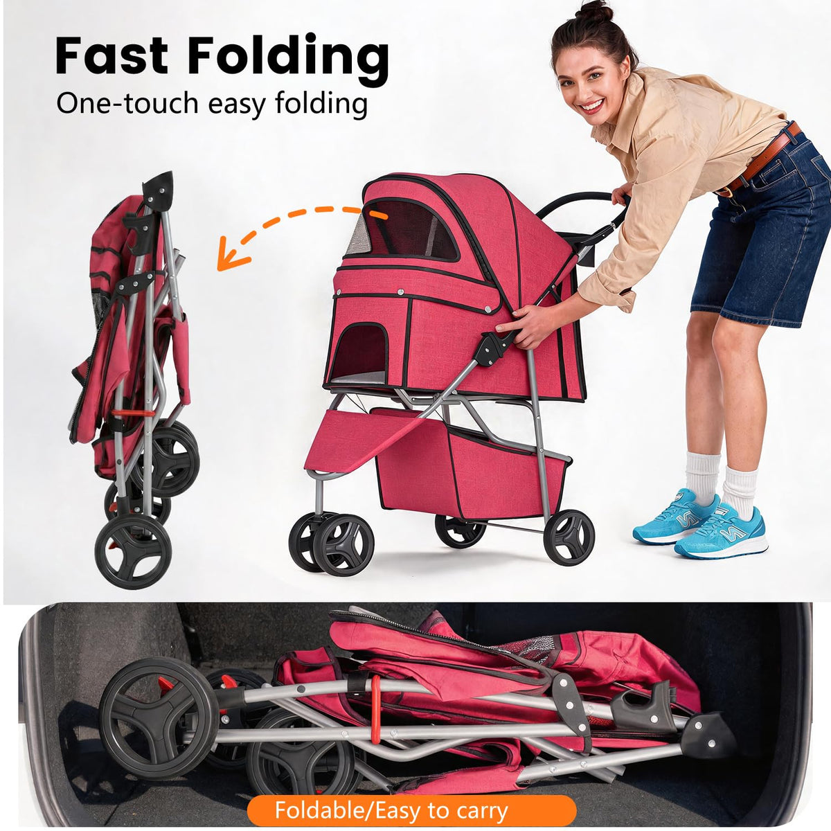 BestPet | 3-Wheel Pet Stroller | Red | Foldable Dog and Cat Stroller