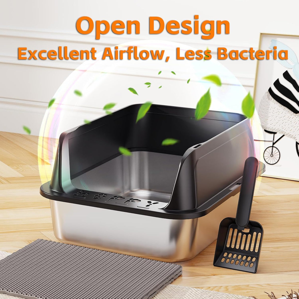 Premium Stainless Steel Cat Litter Box with Scoop – Large High-Sided Open Top Litter Pan, Rust-Resistant & Metal Kitty Litter Tray, Non-Stick Easy Clean Surface with Non-Slip Pads