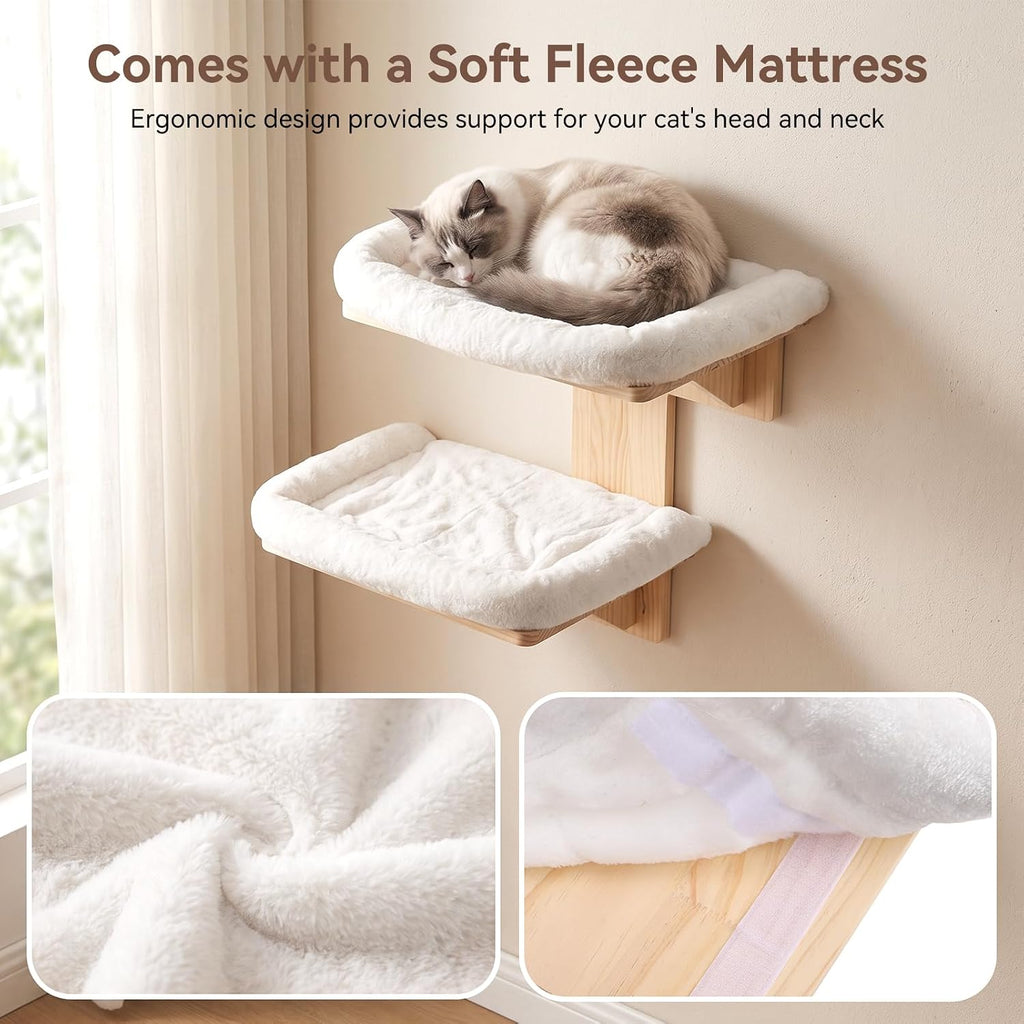 Gugxiom 2 Platform Cat Wall Shelves, 21.2 * 29.5" Wall Mounted Cat Shelves | Pine Wood Wall Mounted Cat Shelves, with Soft Cushion, for Climb/Play/Nap