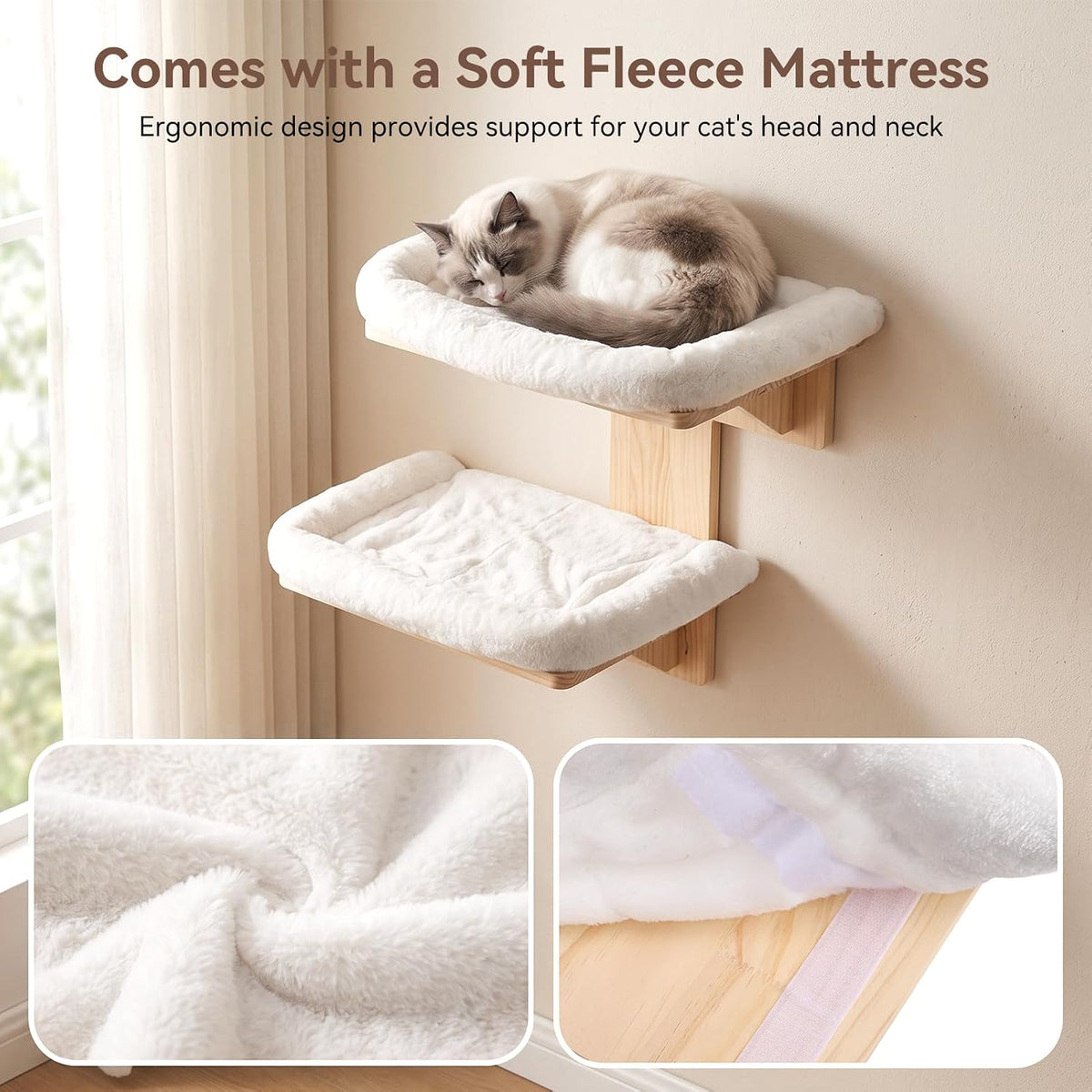 Gugxiom 2 Platform Cat Wall Shelves, 21.2 * 29.5" Wall Mounted Cat Shelves | Pine Wood Wall Mounted Cat Shelves, with Soft Cushion, for Climb/Play/Nap