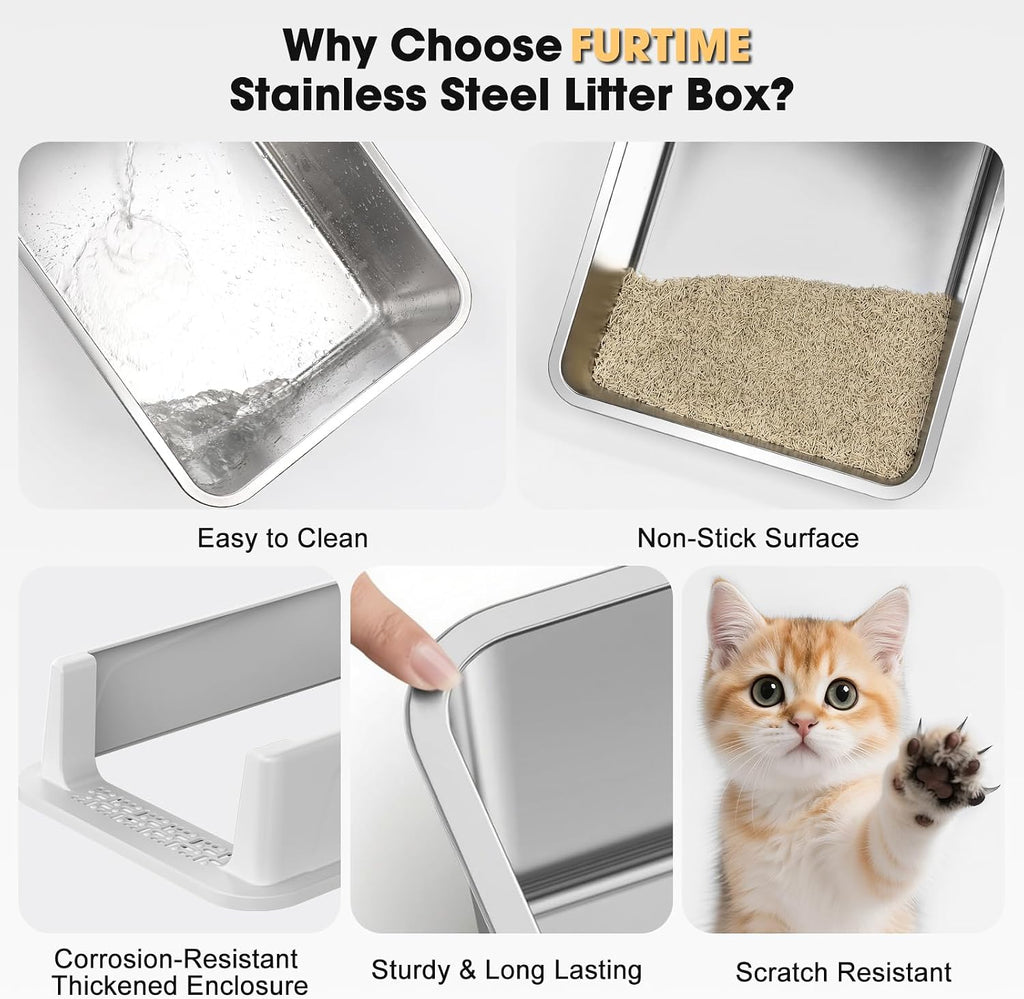 FURTIME Stainless Steel Cat Litter Box, Small Cats Metal Litter Box
