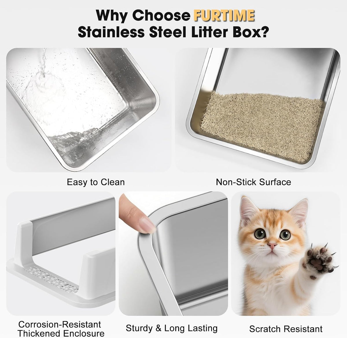 FURTIME Stainless Steel Cat Litter Box, Small Cats Metal Litter Box