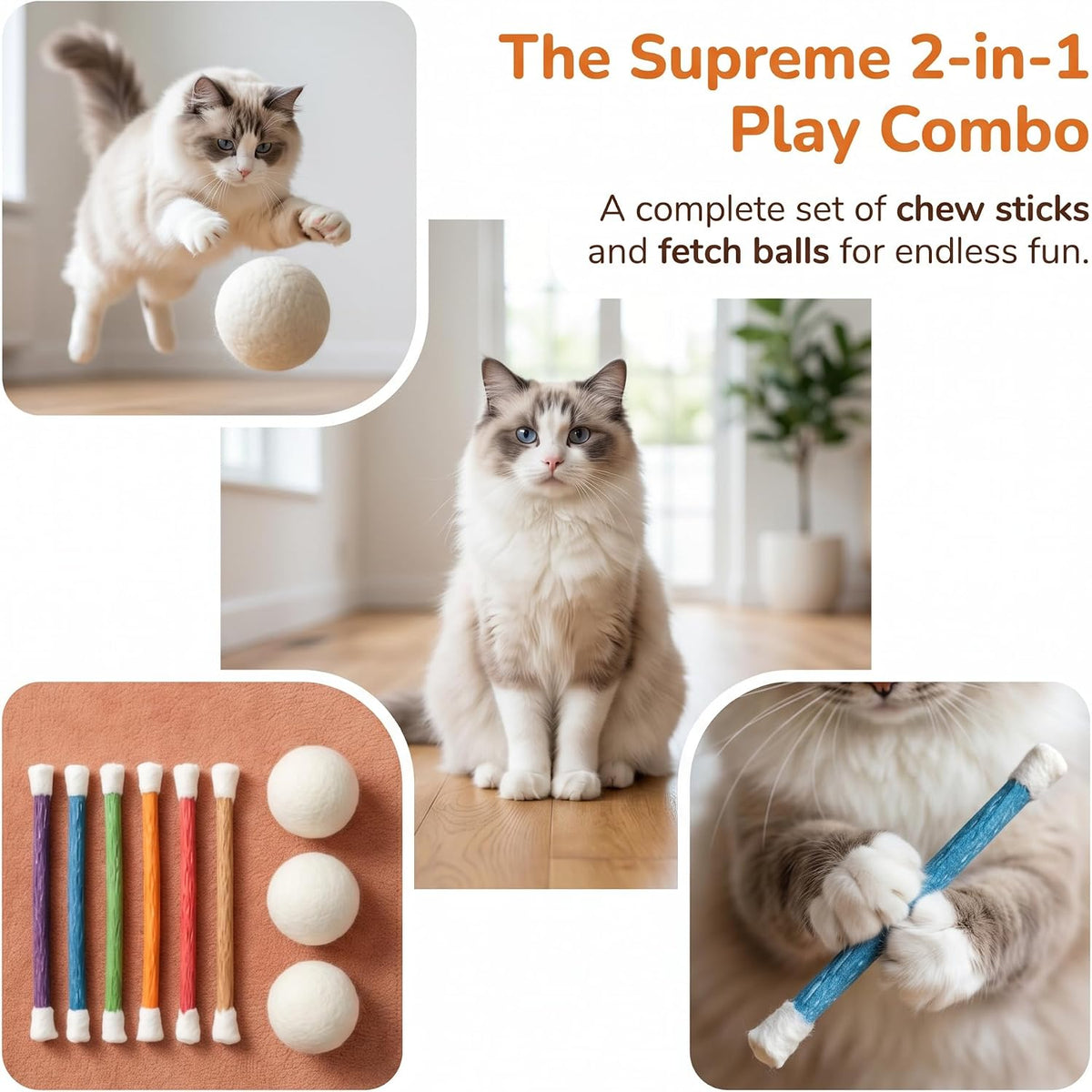 Catnip Cat Toys for Indoor Cats, 6 Jumbo Cotton Swab Kicker Sticks with 3 Natural Wool Balls, Quiet Chew Toy for Kittens