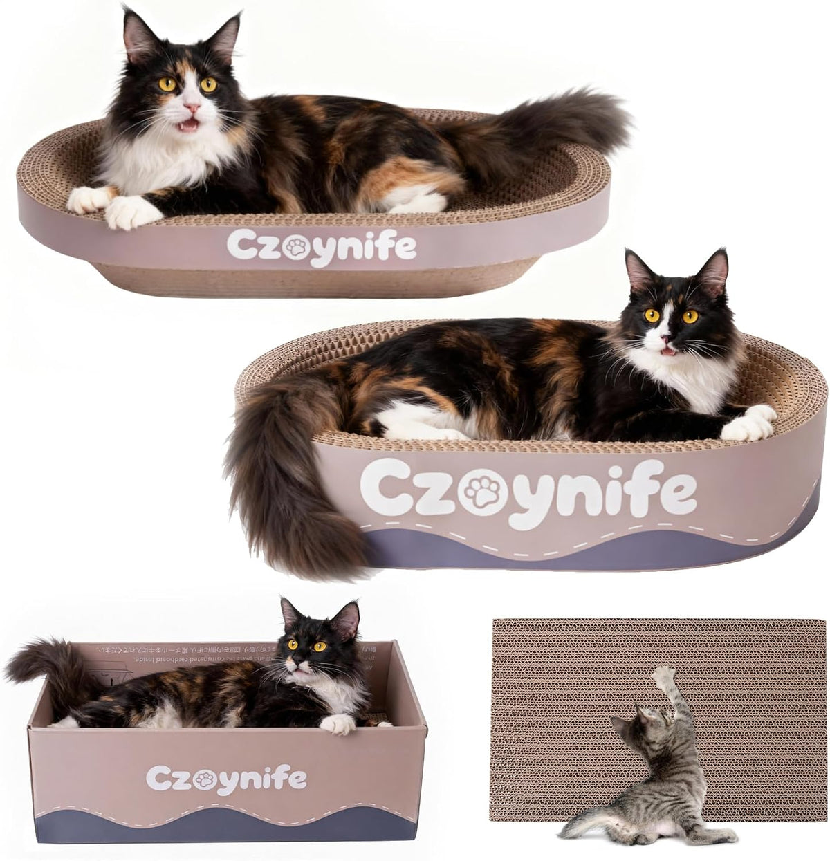 3PCS Cat Scratcher Bed, Oval Cat Scratcher Pad Bowl Nest for Indoor Cats, Round Cat Scratching Cardboard, Furniture Protector for Couch, for Kittens (Brown, 15.7 * 10 in)