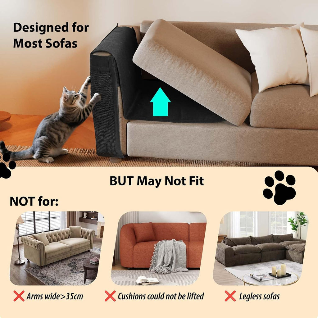 Couch Protector from Cat Claws - Cat Scratch Sofa Protector Universal Fit on Both Arm Sides with Black Sisal Pad for Leather and Fabric Sofa,27.5 * 19.7 inch Expanded Coverage Sisal Area(Black)