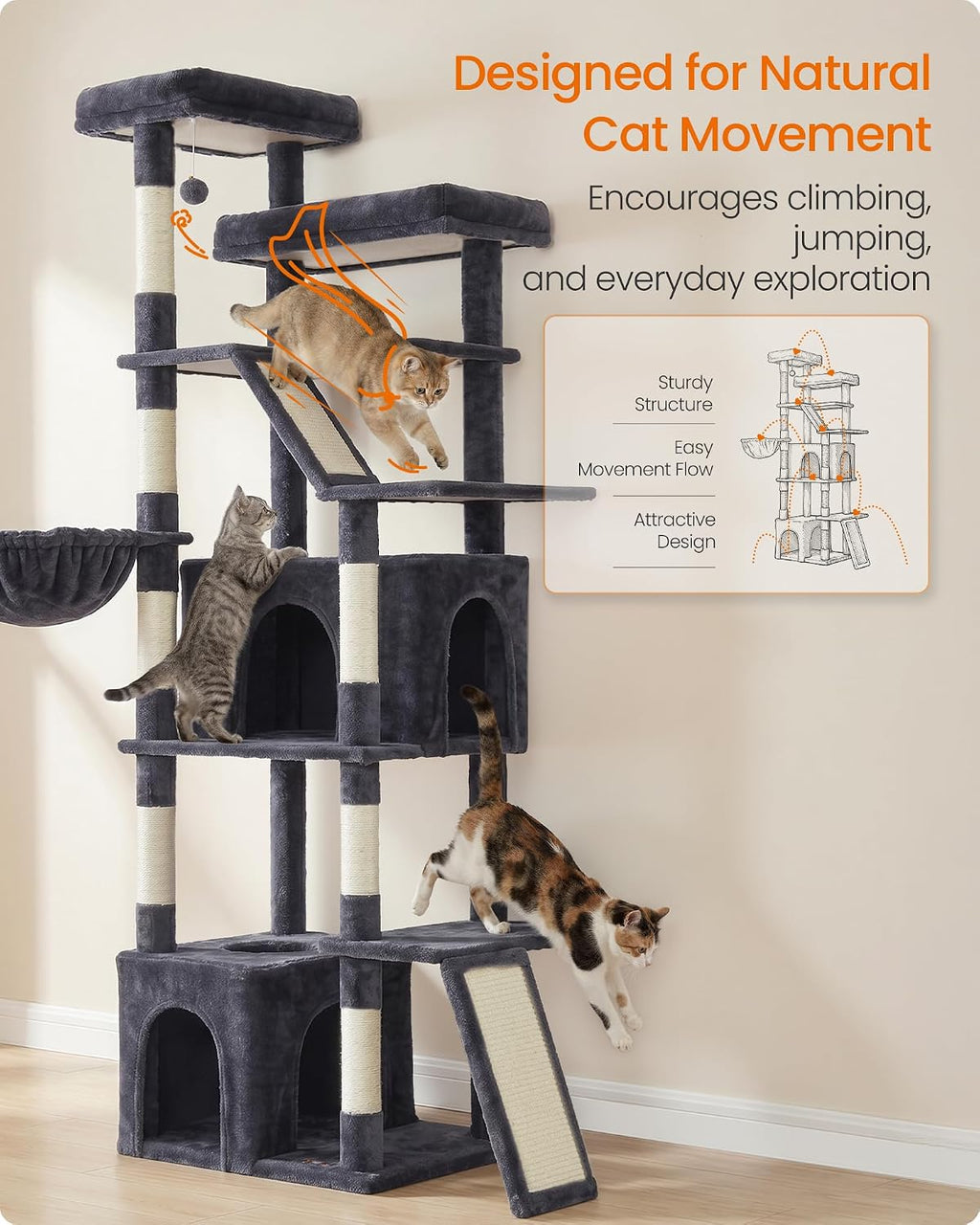 Feandrea Large Cat Tree, 72.6" Tall Sturdy Cat Tower for Indoor, Dark Gray