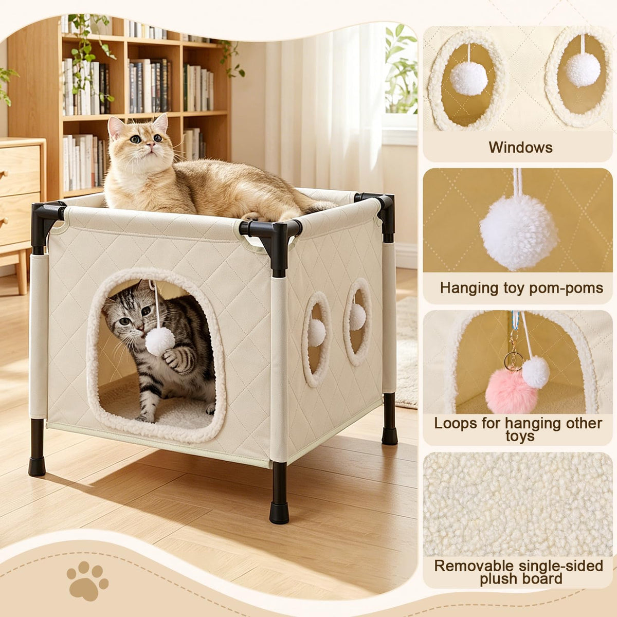 SlowTon Cat Houses for Indoor Cats, Covered Cat Bed Cave Hideaway, Beige, M