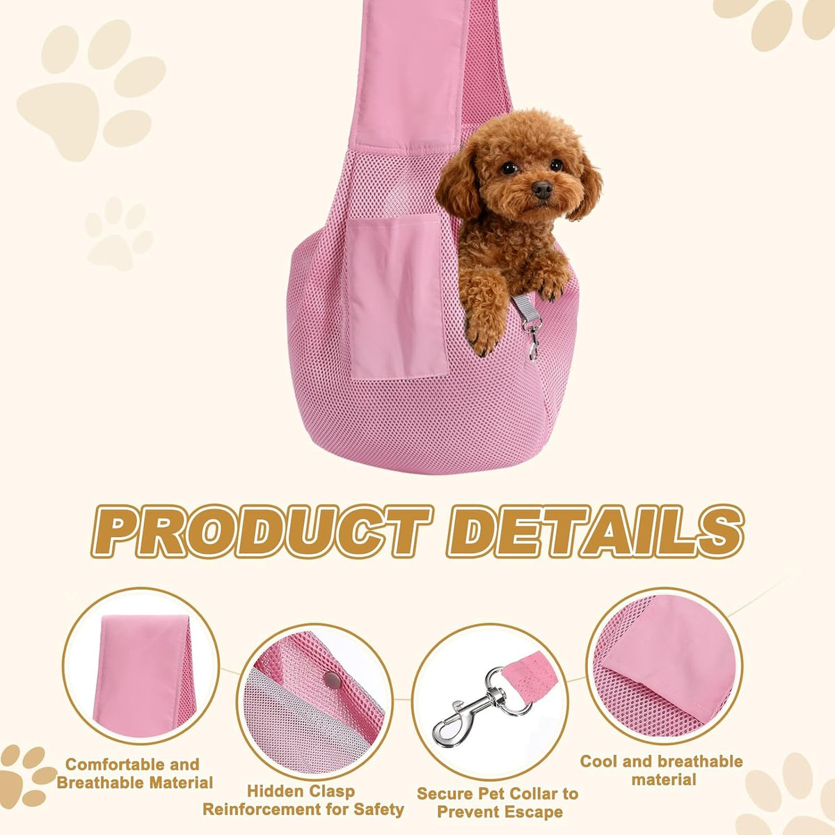 Dog Sling Carrier for Small Dogs Cats Pink,W/Thick Shoulder Strap