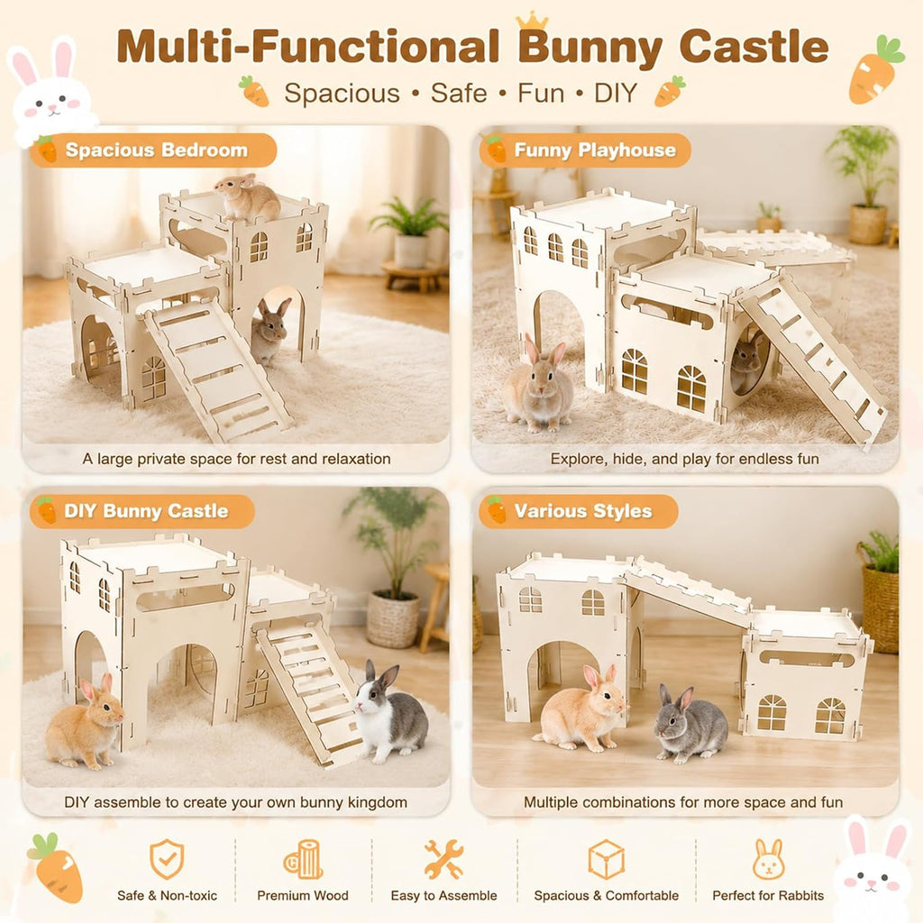 Rypet Large Wooden Rabbit Castle, Bunny Castle Hideout with Stairs
