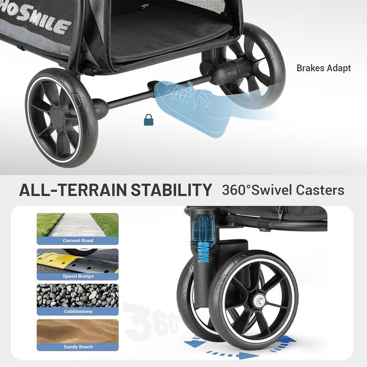 EchoSmile Dog Stroller for Medium & Small Dogs, Foldable Pet Stroller with 3 Wheels & Brakes, All-Terrain Cat Dog Carrier with Breathable Mesh, Safety Leash and Storage Pocket, Gray