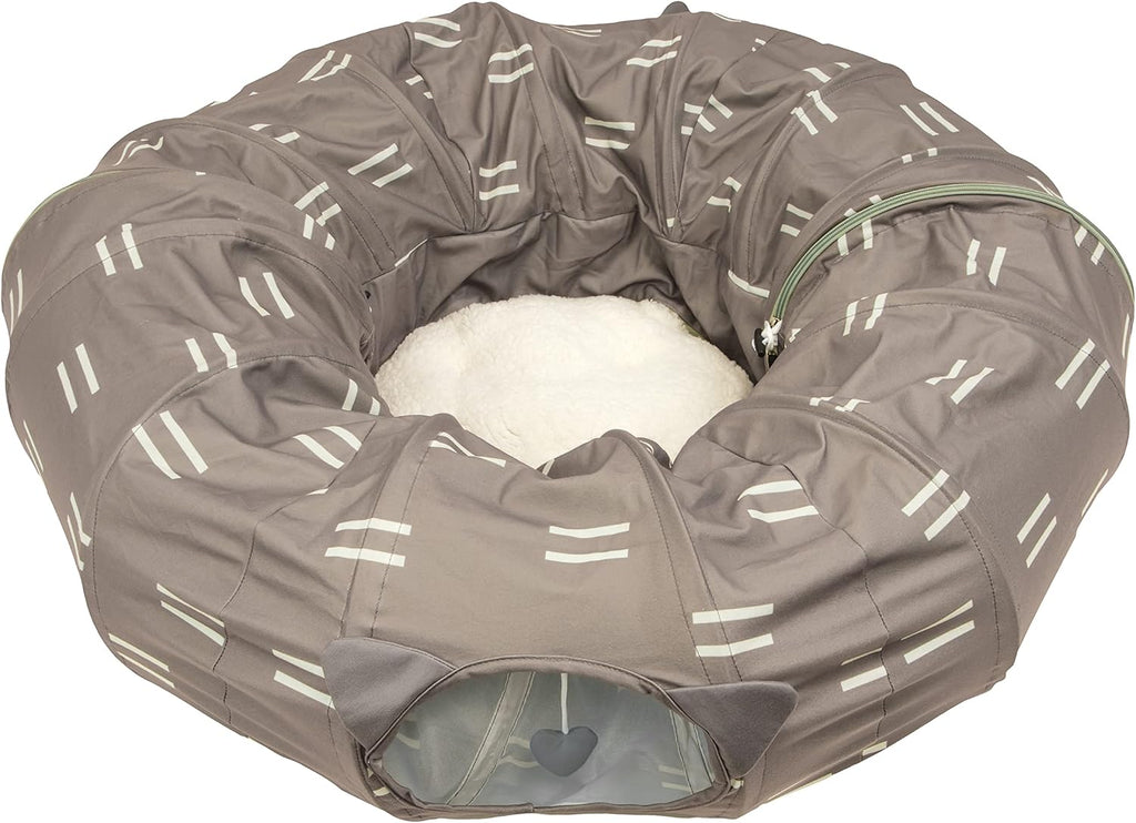 Kitty City Large Cat Tunnel Bed, 2-in-1 Zip-Together Cat Play Tunnel & Plush Nap Bed, Pop-Up Indoor Cat Toy with Hanging Toys, Collapsible Design - White