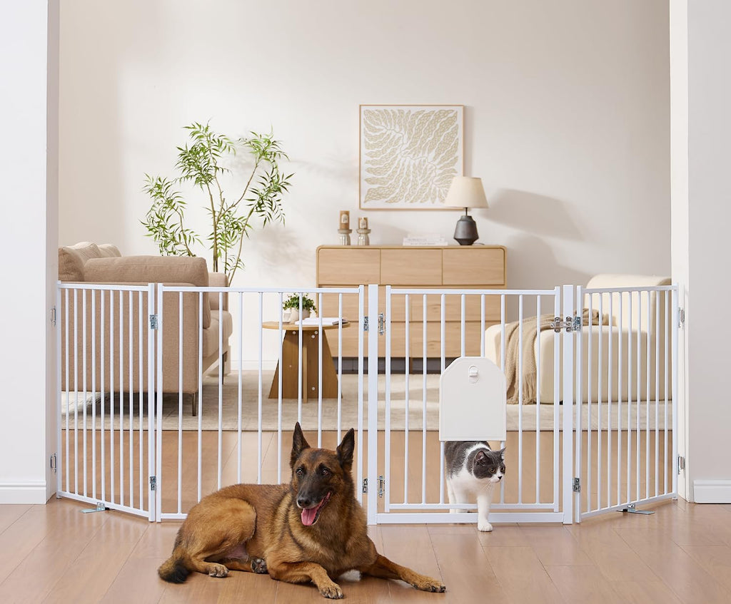 No Pawblems Freestanding Dog Gate with Cat Door for Indoor & Outdoor, White