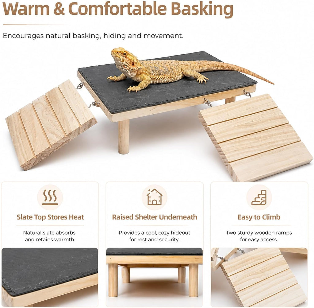 Bearded Dragon Basking Platform with Climbing Ramp, Wooden Bearded Dragon Platform Reptile Basking Platform with Slate Stone for Bearded Dragons Leopard Geckos Lizards Turtles Hamsters A