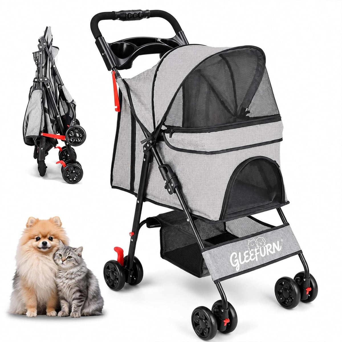 Dog Stroller, Pet Stroller with 4 Wheels, Foldable Dog Strollers for Small Medium Dogs & Cats, Cat Stroller with Storage Basket, Breathable Mesh, 360° Wheels & Rear Brakes Black