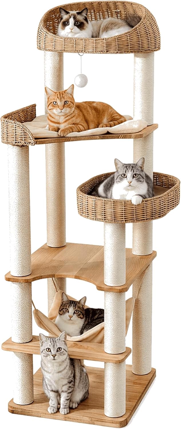 62in Wood Cat Tree for Large Cats, Heavy Duty Tall Cat Tower