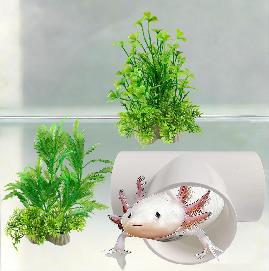 3 PCS Axolotl Hide Tube with 3 Holes, 2 Artificial Plants for Aquarium, Safe Cave and Aquatic Green Plant Set, Aquarium Decor Set for Axolotl, Fish, Turtles Tank Decorations Accessories