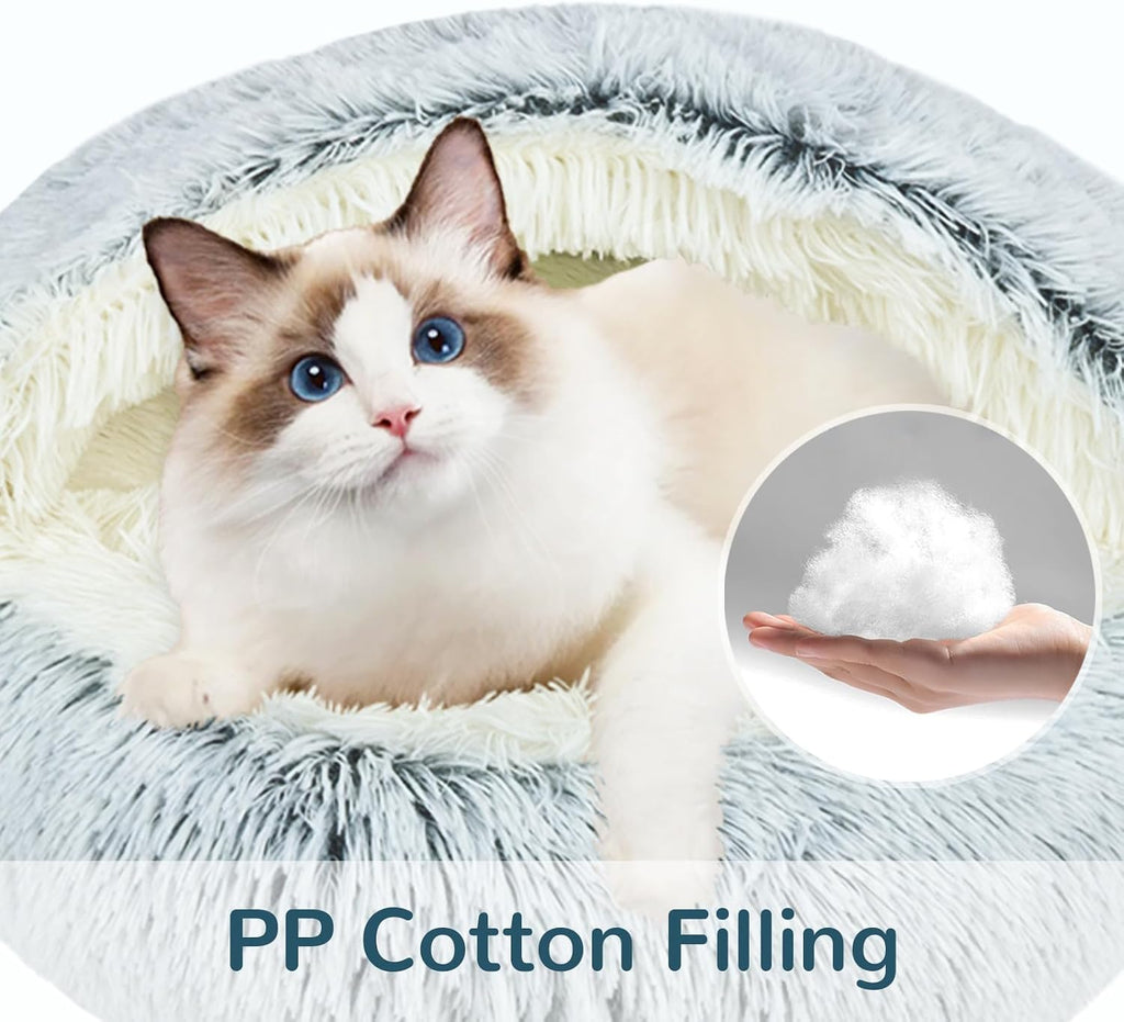 Round Cat Bed Washable, Calming Fluffy Cat Cave, 20 Inch, Grey