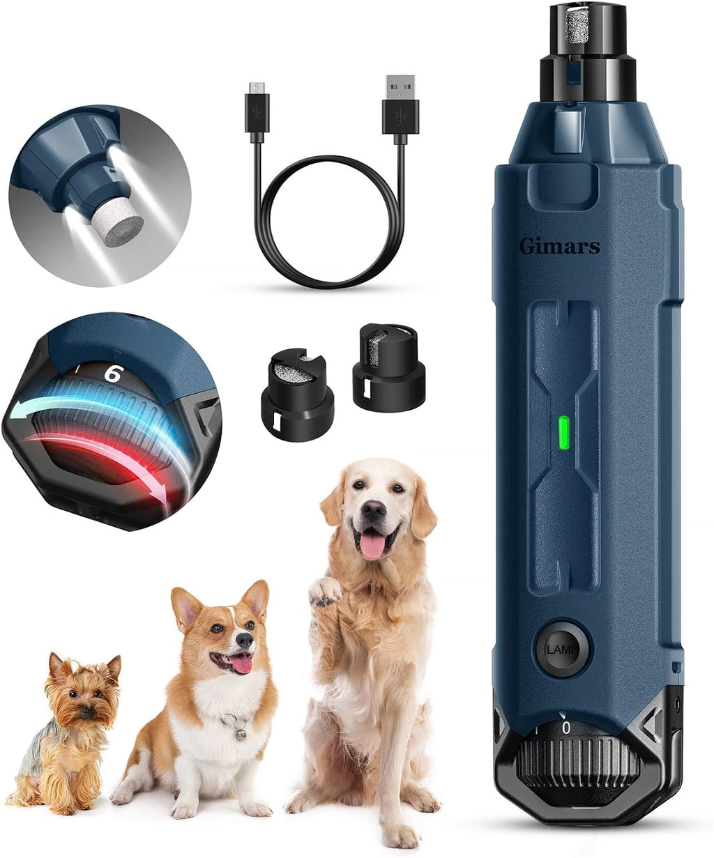 Gimars Upgrade Super Quiet Adjustable 6 Speed Powerful 12000rpm Allow All Controll Dog Nail Grinder 45 db Dual LED Light Pet Nail Grinder USB Rechargeable 3 Ports Nail File for Large Medium Small Dog