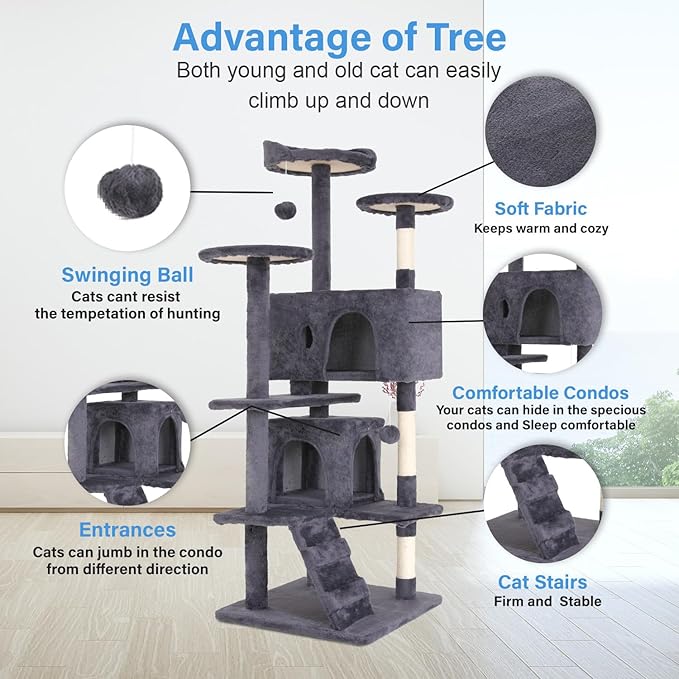 FDW | 54" Cat Tree Tower | Ashy | Multi-Level Indoor Activity Center - Image 3
