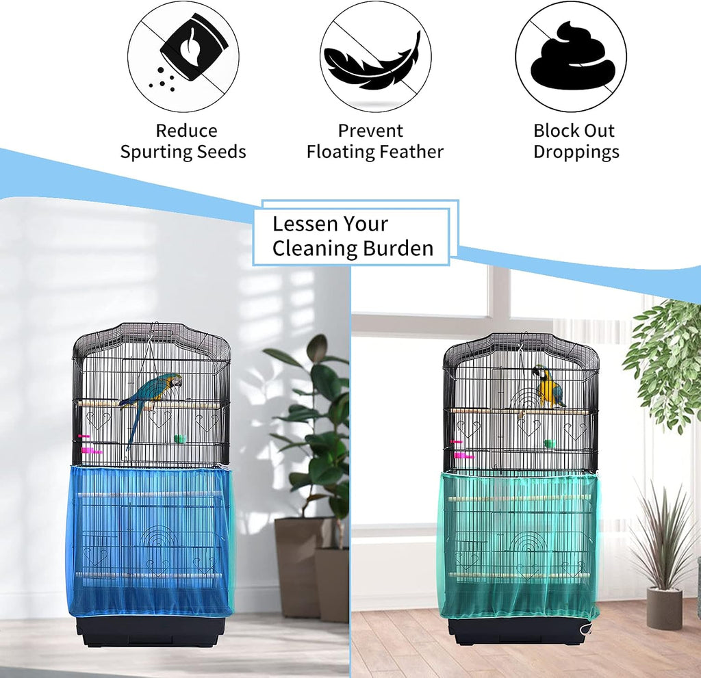 Daoeny Universal Bird Cage Cover, Adjustable Seed Feather Catcher, Soft Airy Nylon Mesh Parrot Net, Birdcage Cover Skirt Sheer Guard for Round Square Cages (Blue)