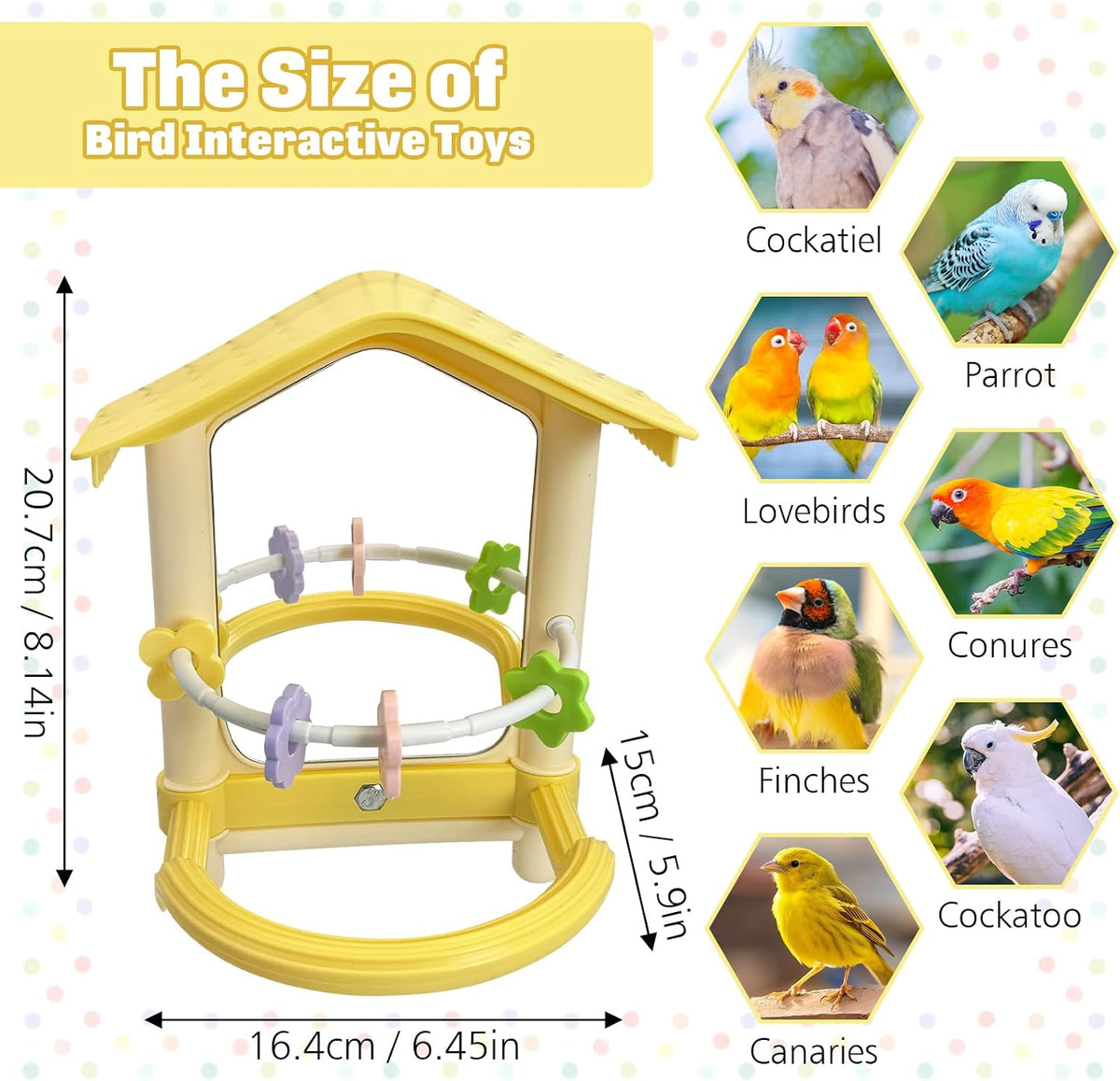 Bird Mirror with Plastic Perch and 5PCS Colorful Rattan Balls Parakeet Hanging Swing with Mirror Interactive Toy Bird Cage Accessories for Cockatiel Parrot Conures Cockatoo Finch(Yellow)