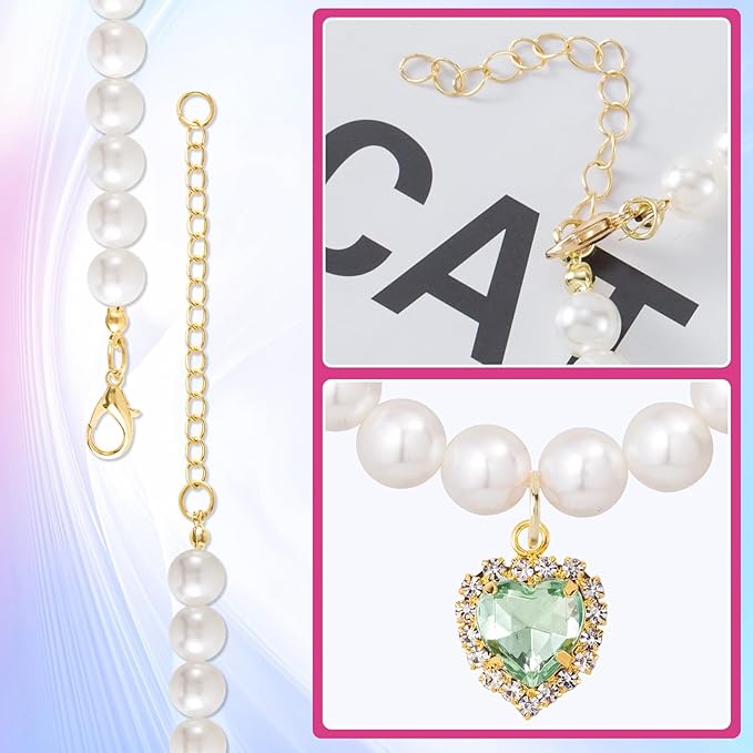 2pcs Cat Dog Pearl Collar, Small Heart Shape Rhinestone Pet Necklace, - Image 6