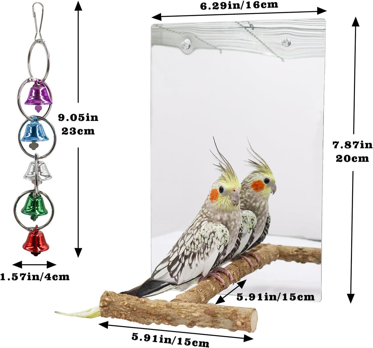 Bird Mirror Toy with Perch Stand, Parrot Parakeet Mirror with Bird Swing Bell Toys, Bird Cage Accessories, Suitable for Parakeet Cockatiel Conure Lovebirds - 7.9 × 6.3 Inch