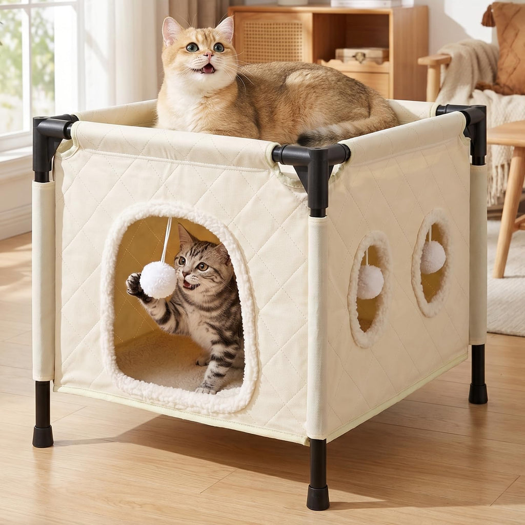 SlowTon Cat Houses for Indoor Cats, Covered Cat Bed Cave Hideaway, Beige, M