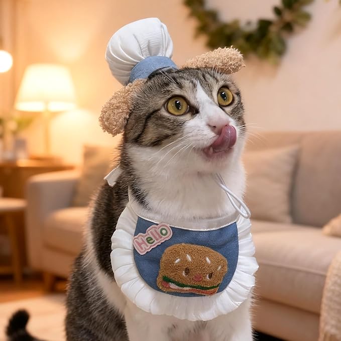 HOWWFALY Cat Halloween Costumes Pet Chef Hat &Hamburger Bib Costume Set - Image 3