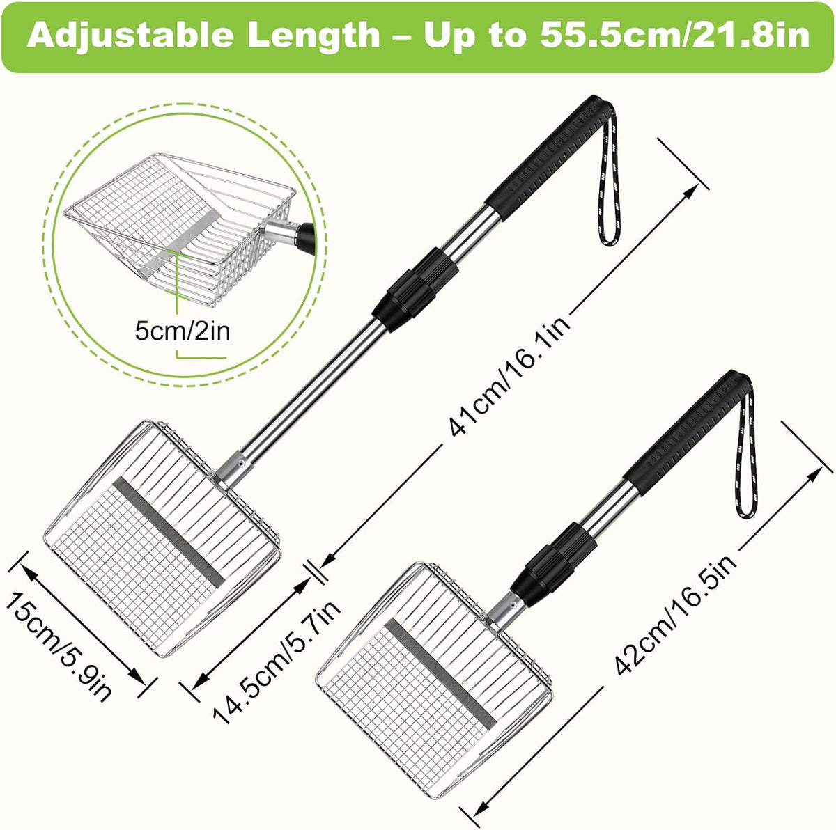 XBX Long Handle Cat Litter Scoop with Holder, Extendable Stainless Steel Cat Scooper, Adjustable Heavy Duty Deep Shovel Litter Sifter for Litter Box and Daily Use