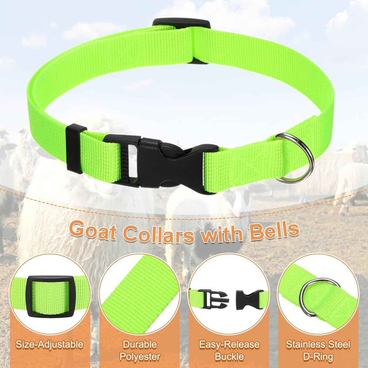 M METERXITY 3-Pack Goat Collars with Bells Polyester Green