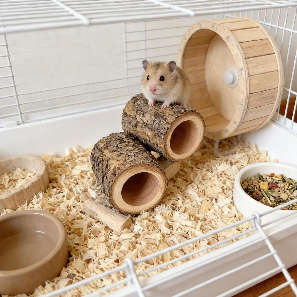 Natural Apple Wood Hamster Tunnel Hideout, 3 Pack Wooden Small Animal Hideaway, Hamster Cage Accessories for Dwarf Hamsters Syrian Hamster Rest Hiding