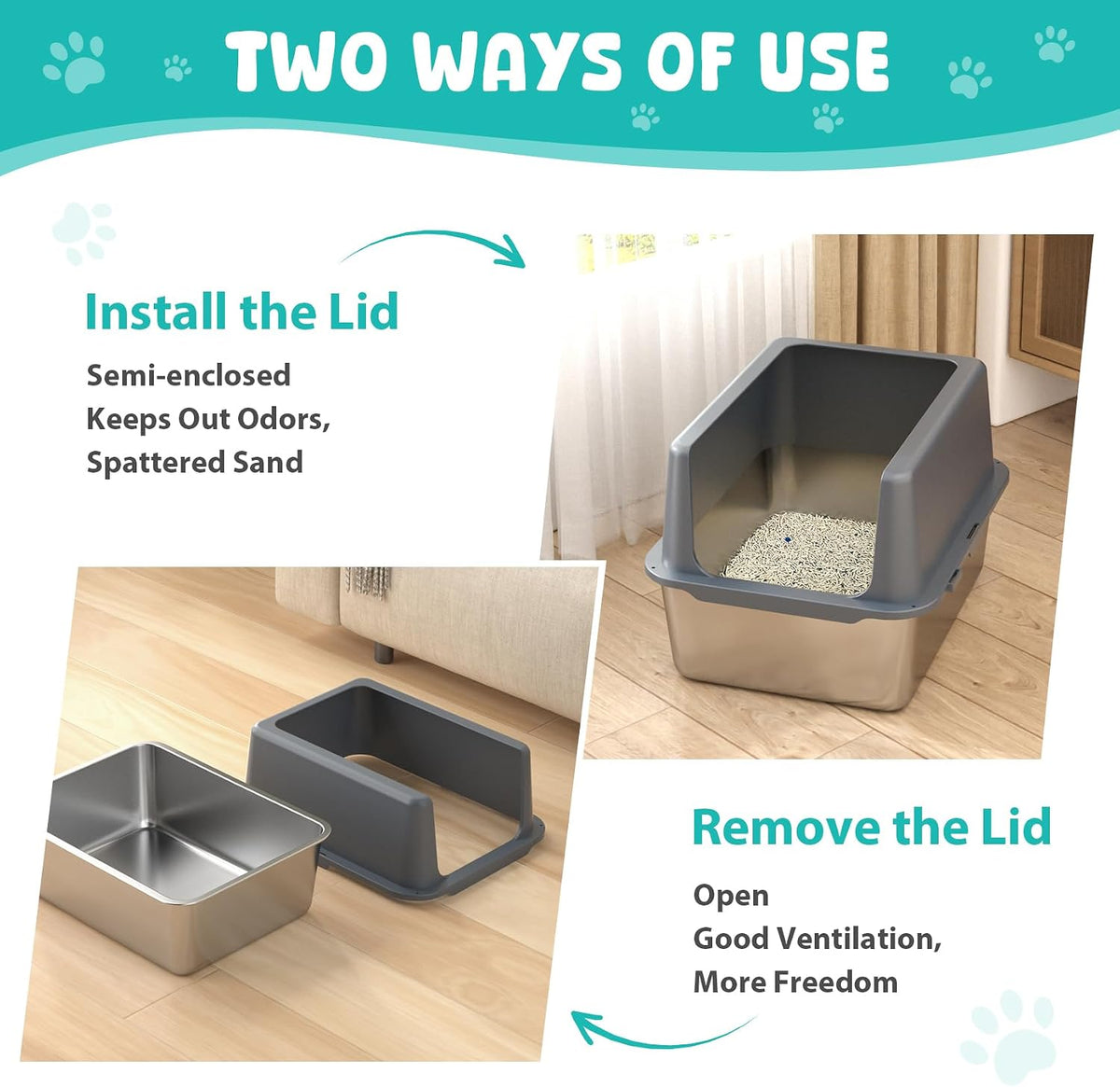 Litter Box with Lid, Stainless Steel Cat Litter Box, 12" High, Grey