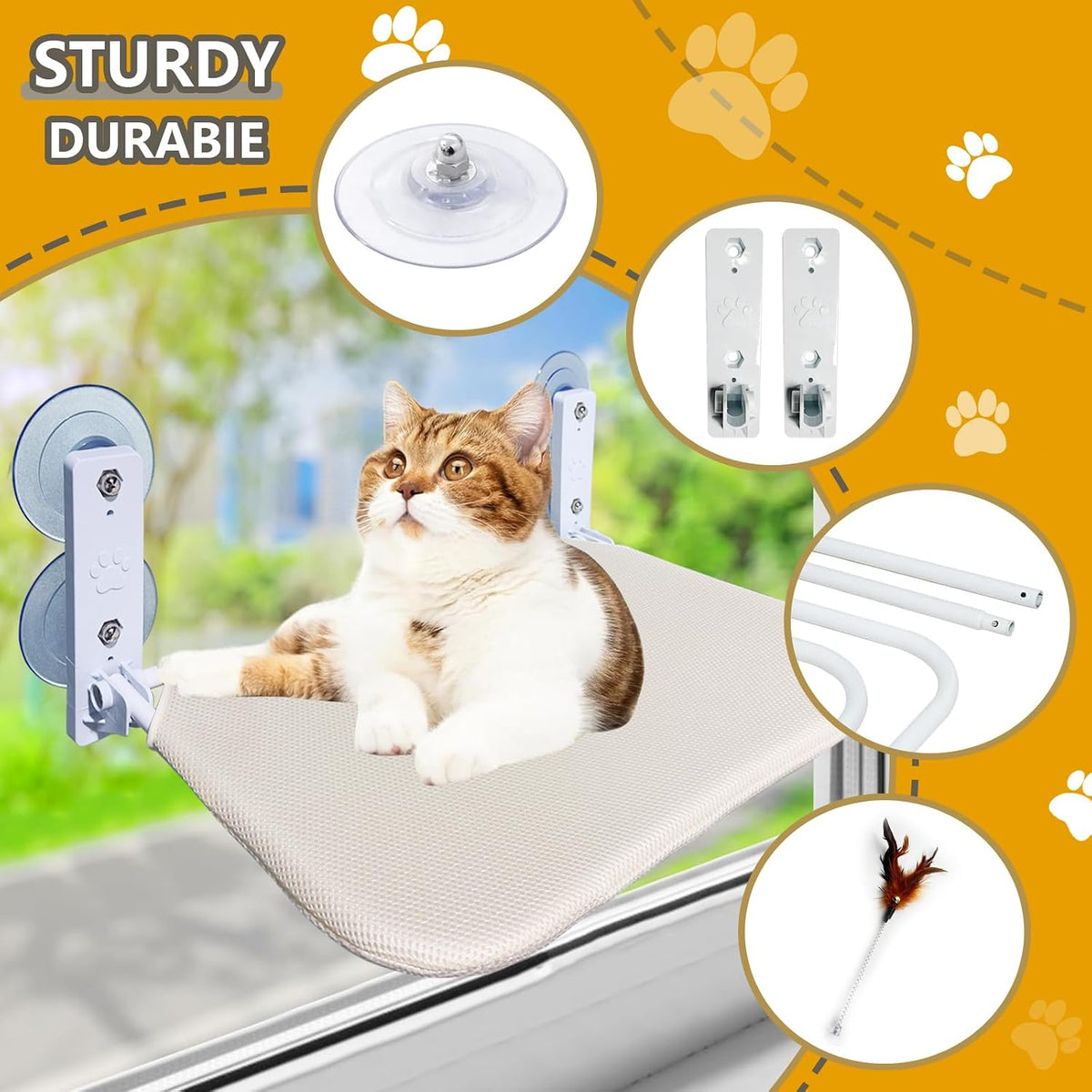 Cat Window Perch Seat Hammock, Foldable Hammock with 4 Strong Suction Cups, Easy to Assemble and Cat Wand,Cream