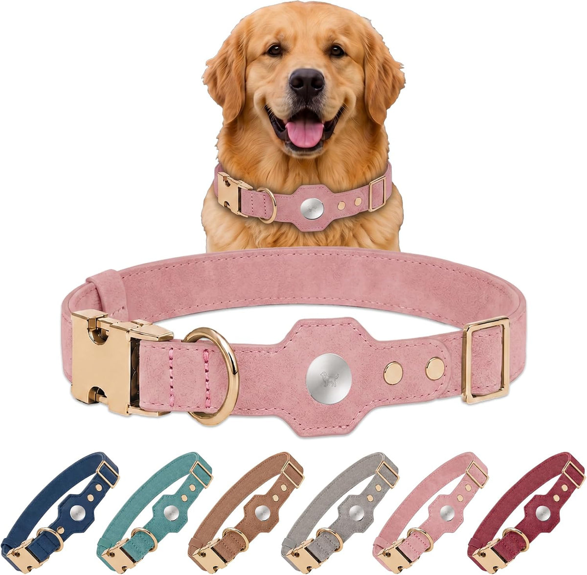 FurryVoyage Adjustable Pet Collar with Built-in Tracker Holder for Apple AirTag & Moto Tag, PU Leather Dog Collar, Quick Release Metal Buckle, D-Ring & Dual Screw Anti-Lost Design (Pink, XS (9"-12"))