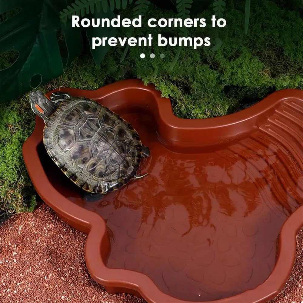 Extra Large Reptile Bathing Pool Reptile Feeding Dish Water Bowl with Ramp Aquarium Ornament for Gecko, Snake, Turtle, Bearded Dragon, Lizard Bath (Brown Red)