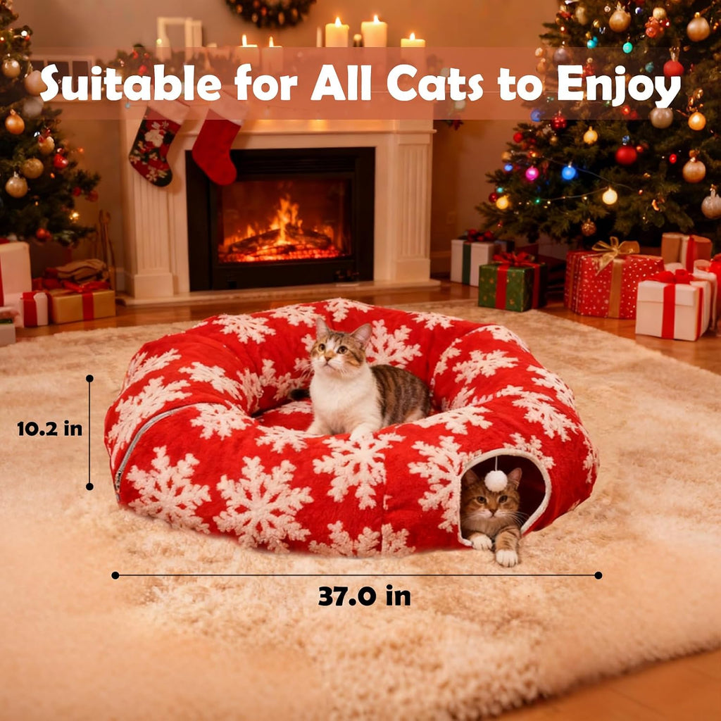 Cat Tunnel Christmas Tree Skirt,Christmas Tree Cat Tunnel for Indoor Cats,Cat Tunnels Tree Skirt,Soft Peekaboo Hideway Bed Cave Donut Toys Circle Tunnels for Kittens & Large Cats (Red)